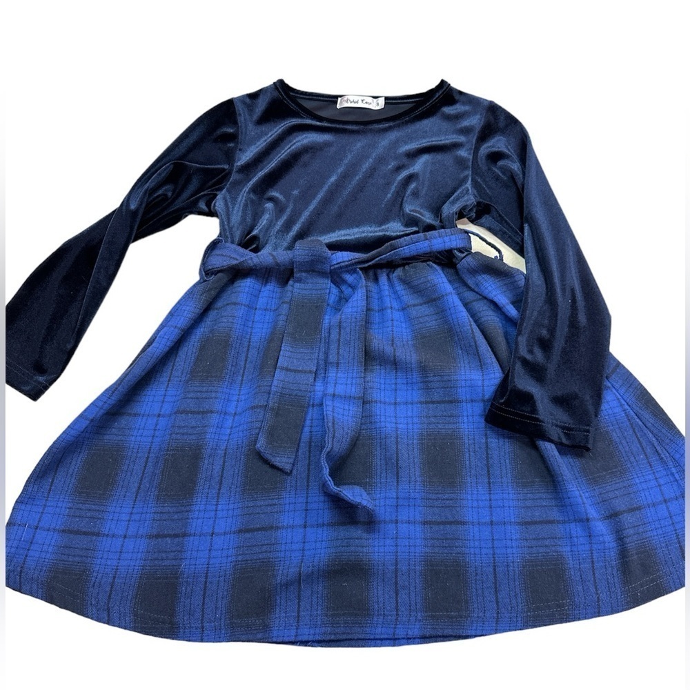 Orchid Lane Girls Blue Plaid w/Velvet Hanukkah Holiday Dress Size 8